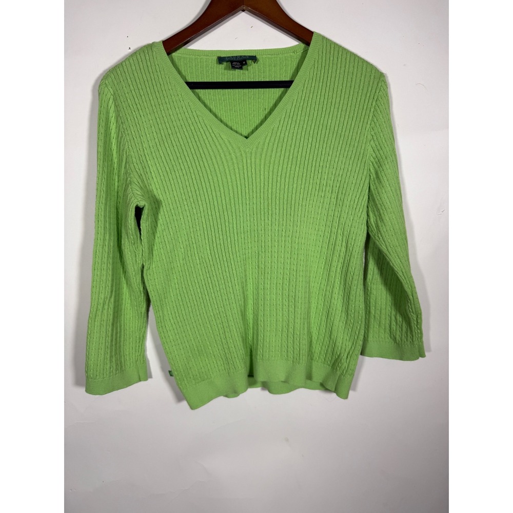 Lauren Ralph Lauren Green V-Neck Cable Knit Cotton Sweater Womens Medium